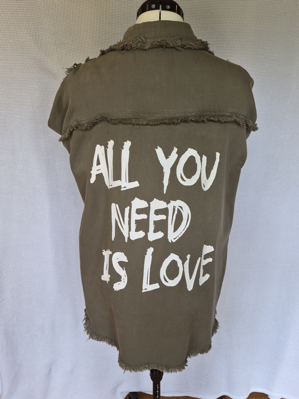 Elan Olive Frayed Jacket with White 'All You Need Is Love' Print